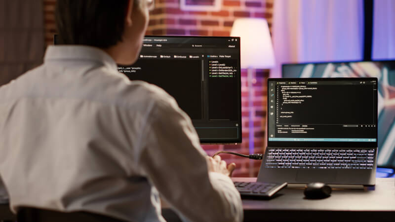 A developer watching a green pipeline/deploy dashboard on screen